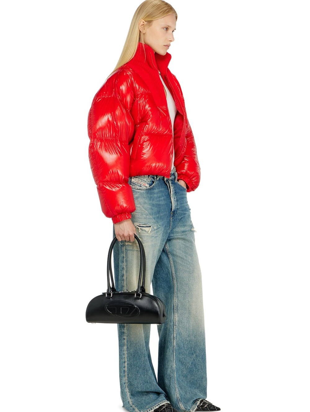 DKYN RED GLOSSY BLACK LETTER LOGO ON BACK PUFFER JACKET WOMENS SIZE XS